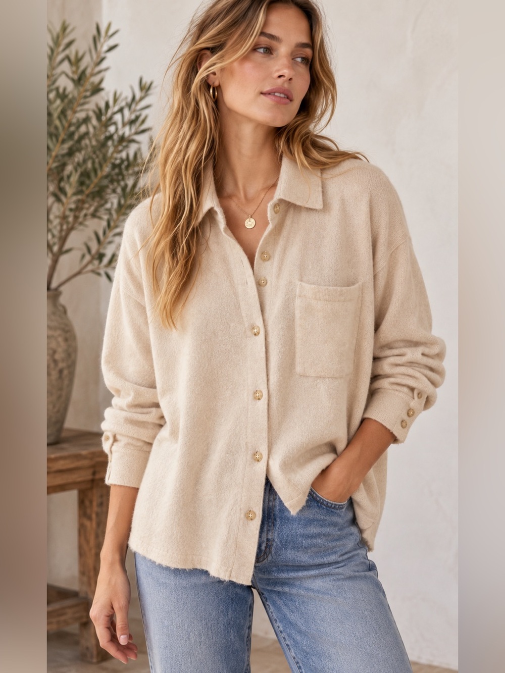 $278 Faherty Cloud Cashmere Sweater Shirt Women Large Oatmeal Heather Button Up